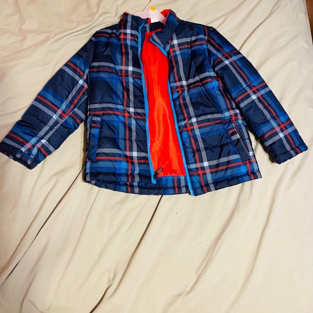 Blue and Red Quilted Puffer Jacket